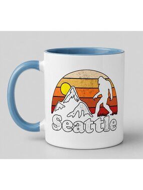 Seattle Bigfoot Sasquatch Ceramic Coffee‎ Mug Blue White Retro Sunset Mountain